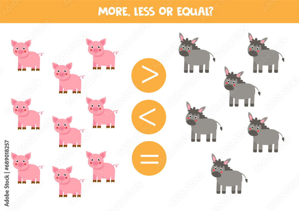 Grater, less or equal with cartoon pigs and donkeys. Grater, less or equal with cartoon pigs and donkeys.