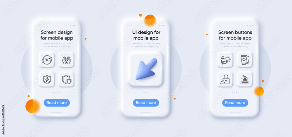 Full rotation, Power safety and Lock line icons pack. 3d phone mockups with cursor. Glass smartphone screen. Terrace, Shields, Sunscreen web icon. Hold box, Spf protection pictogram. Vector Full rotation, Power safety and Lock line icons pack. 3d phone mockups with cursor. Glass smartphone screen. Terrace, Shields, Sunscreen web icon. Hold box, Spf protection pictogram. Vector
