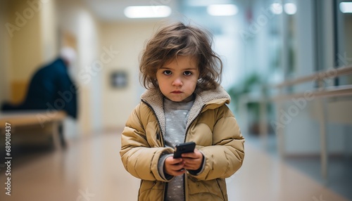Lonely little elementary school desoriented sad female lost child with smartphone in winter clothes in a hospital or pediatric clinic waiting for parent