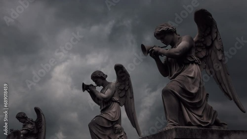 Angels playing trumpets statues and stormy skies from the book of revelations in the bible. photo