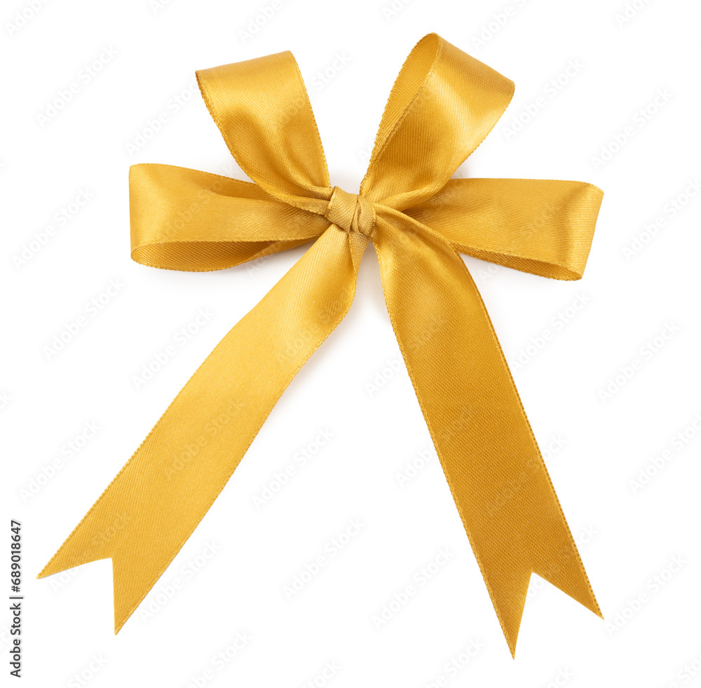 Gold satin ribbon fabric bow isolated on white background. Gold satin ribbon fabric bow isolated on white background.