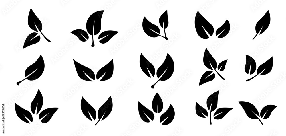 Set of black leaf icons. Leaves of trees and plants. Leaves on white background. Ecology. Vector illustration. - obrazy, fototapety, plakaty 