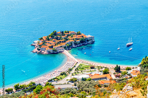 Montenegro. Budva Riviera, beach and St. Stephen's Island