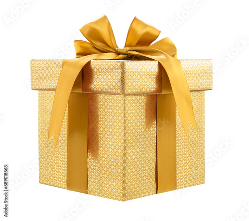 Large gold color box with a gift tied with a ribbon and bow isolated on a white background.