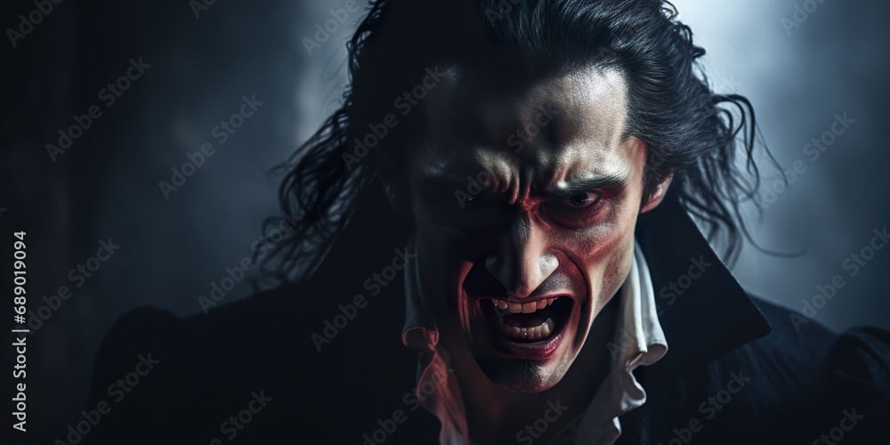 Close-up portrait of Dracula baring his sharp fangs, with a predatory glare in a dark room - obrazy, fototapety, plakaty 