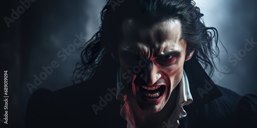 Close-up portrait of Dracula baring his sharp fangs, with a predatory glare in a dark room photo