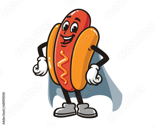 Hot dog Cartoon mascot illustration character vector with Superhero style