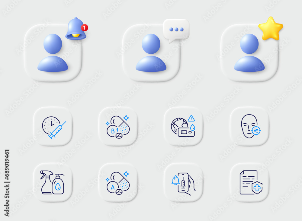 Vaccine announcement, Vitamin a and Cleaning liquids line icons. Placeholder with 3d star, reminder bell, chat. Pack of Medical certificate, Covid test, Vaccination schedule icon. Vector Vaccine announcement, Vitamin a and Cleaning liquids line icons. Placeholder with 3d star, reminder bell, chat. Pack of Medical certificate, Covid test, Vaccination schedule icon. Vector