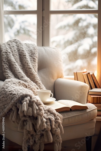 Cozy winter reading nook with a comfortable chair, soft blanket, and stack of books, near a frosty window