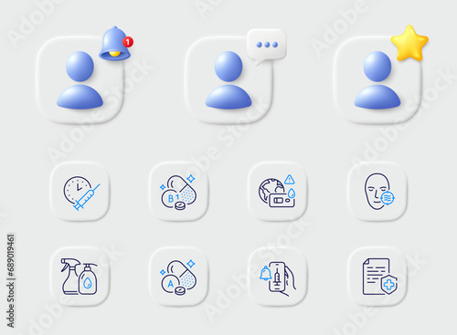 Vaccine announcement, Vitamin a and Cleaning liquids line icons. Placeholder with 3d star, reminder bell, chat. Pack of Medical certificate, Covid test, Vaccination schedule icon. Vector
