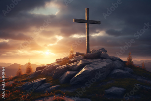 A christian cross standing on a hill during sunset