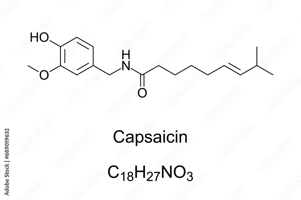 Capsaicin, chemical formula and structure. Active component in chili peppers, plants belonging to genus Capsicum. Chemical irritant and neurotoxin. As spice in food it provides spiciness and piquancy.