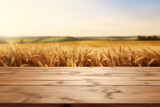 A wooden table for product display with a blurry corn field farm background