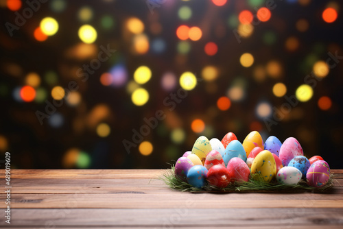 A wooden table for product display with a blurry easter themed background