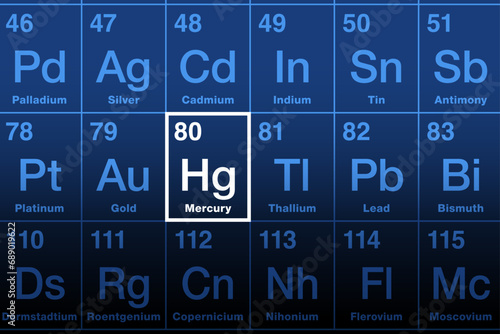 Mercury on periodic table of the elements. Known as quicksilver, a toxic heavy metal and chemical element, with symbol Hg for hydrargyrum and atomic number 80. Used in thermometers and dental amalgam.