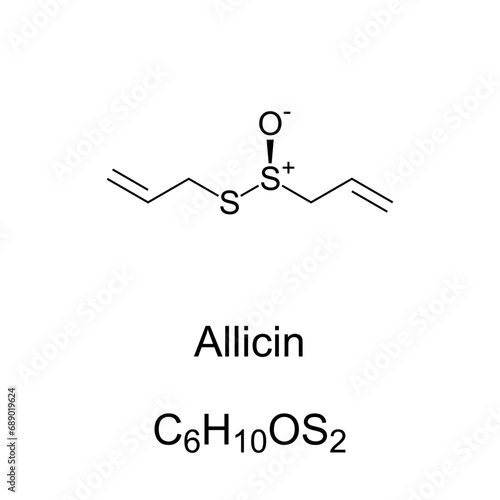 Allicin, chemical formula and structure. Organosulfur compound obtained from garlic. Chopping or crushing fresh garlic converts alliin into allicin which is responsible for the aroma of fresh garlic.