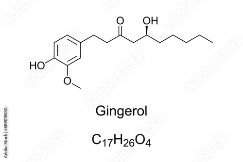 Gingerol, chemical formula and structure. Phenolic phytochemical compound found in fresh ginger, activating heat receptors on the tongue. Normally found as a pungent yellow oil in the ginger rhizome.