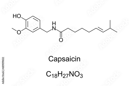 Capsaicin, chemical formula and structure. Active component in chili peppers, plants belonging to genus Capsicum. Chemical irritant and neurotoxin. As spice in food it provides spiciness and piquancy. photo