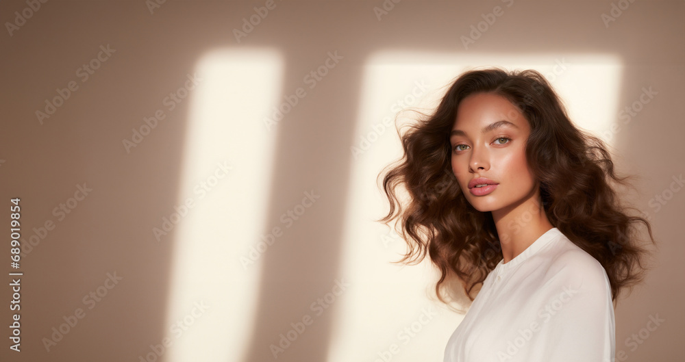 Elegant Woman with Flowing Hair in Softly Lit Portrait Elegant Woman with Flowing Hair in Softly Lit Portrait
