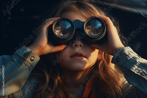 A young girl looking through binoculars