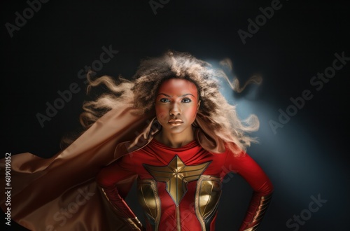 A powerful female superhero, donning a red cape, symbolizing the strength and fortitude of women, generative AI