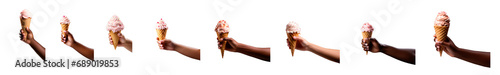 big set with female, male and kids hand holding an ice cream waffle cone with ice cream isolated on transparent background cutout. photo