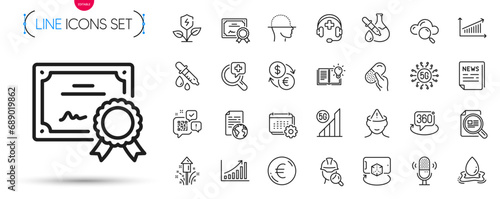Pack of 5g technology, 360 degree and Fireworks line icons. Include Euro money, Qr code, Fake news pictogram icons. Product knowledge, Water splash, Medical support signs. Graph chart. Vector