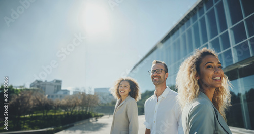 Professionals Enjoying Sunny Day Outside Modern Office