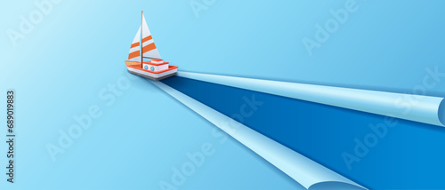 Paper art of sailboat that travels on adventures to the ocean