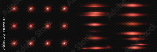 Collection of shining red stars and flares. Line effect, sparkle of light and explosion, red light. On a transparent background. 
