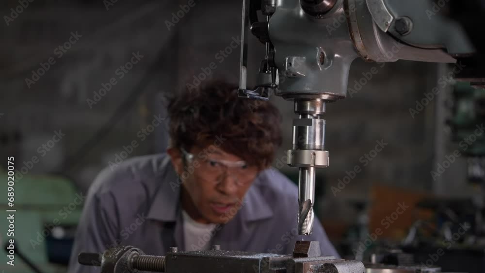 Asian worker in production plant drilling at machine. Professional worker near drilling machine on factory. finishing metal working internal steel surface on lathe grinder machine with flying sparks. Asian worker in production plant drilling at machine. Professional worker near drilling machine on factory. finishing metal working internal steel surface on lathe grinder machine with flying sparks.