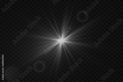 Flare light effect. Vector sun, star ray bright explosion glow with glare on a transparent background