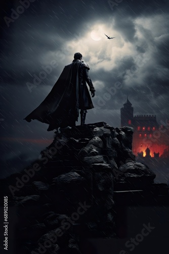 Dracula with a dramatic cape flowing  standing on a castle battlement under starry night