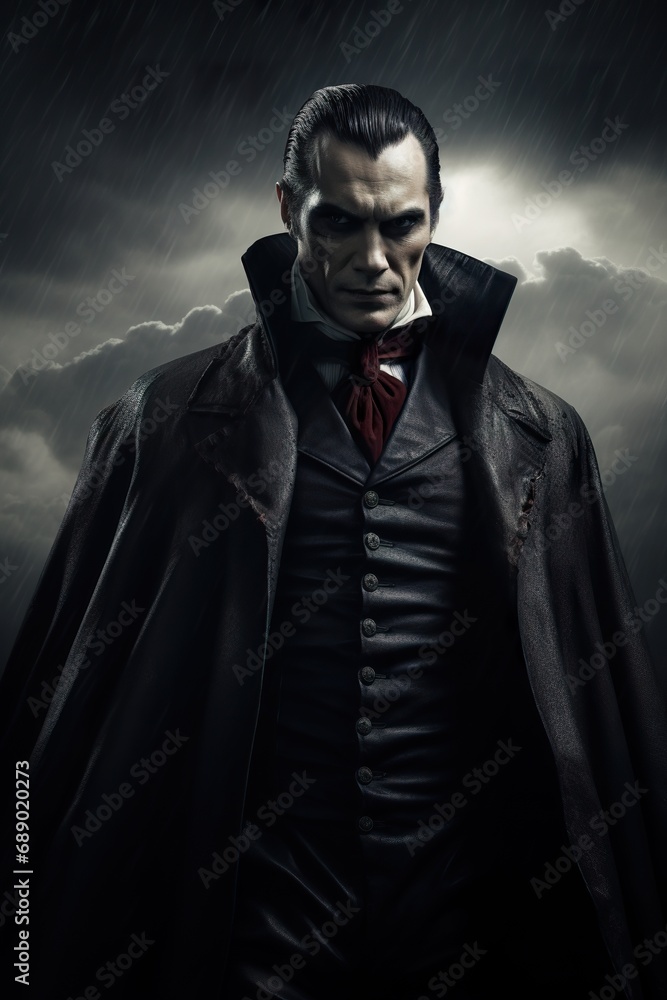 Obraz premium Dracula with a sinister smile and exposed fangs, standing in front of a stormy backdrop