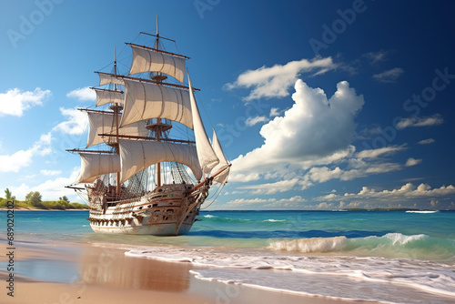 A large wooden ship with white sails off the coast during the day. Generated by artificial intelligence