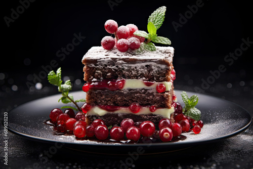 présentation d'un dessert de gâteau au chocolat et fruits rouges de noël sur une table de fête photo
