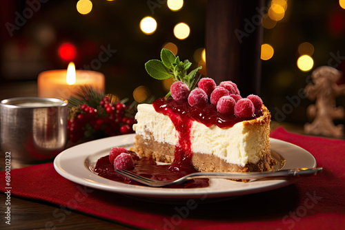 présentation d'un dessert glacé à la crème vanille et aux fruits rouges de noël sur une table de fête