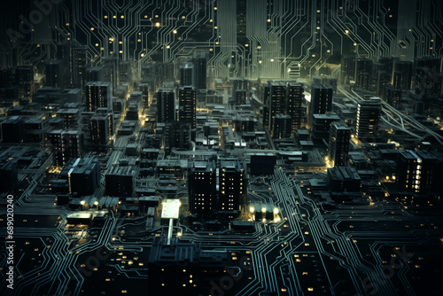 circuit boards that form a Futuristic City of Lights Created With Generative AI Technology Generative AI. Created with generative AI technology