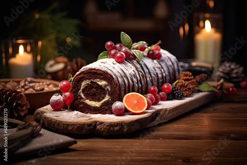 présentation d'un dessert de bûche de noël à base de chocolat et fruits rouges sur une table de fête