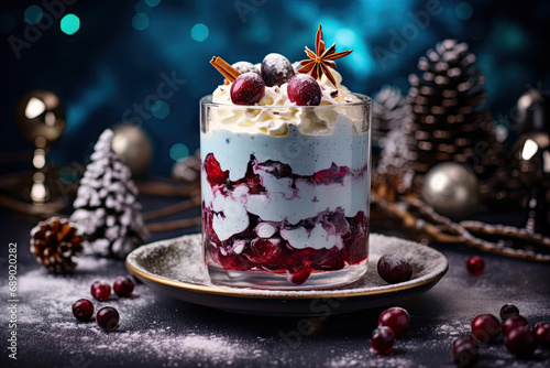 présentation d'un dessert glacé à base de crème vanille et de fruits des bois sur une table de fête photo
