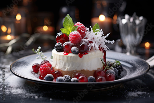 présentation d'un dessert glacé à base de crème vanille et de fruits des bois sur une table de fête photo