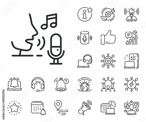Studio mic sign. Place location, technology and smart speaker outline icons. Microphone line icon. Voice record device symbol. Microphone line sign. Influencer, brand ambassador icon. Vector
