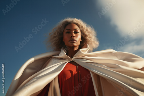 An African American woman with a white cape, portraying a formidable female superhero exuding the resilience and might of her gender, generative AI