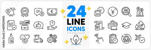 Icons set of Cursor, Graduation cap and Chat bubble line icons pack for app with Cogwheel, Software, Smile thin outline icon. Documents, Teamwork, Euro currency pictogram. Certificate. Vector