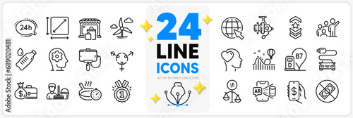 Icons set of Friend, Discrimination and Brain working line icons pack for app with Shoulder strap, Diesel station, 24h service thin outline icon. Leadership, Roller coaster, Approved pictogram. Vector