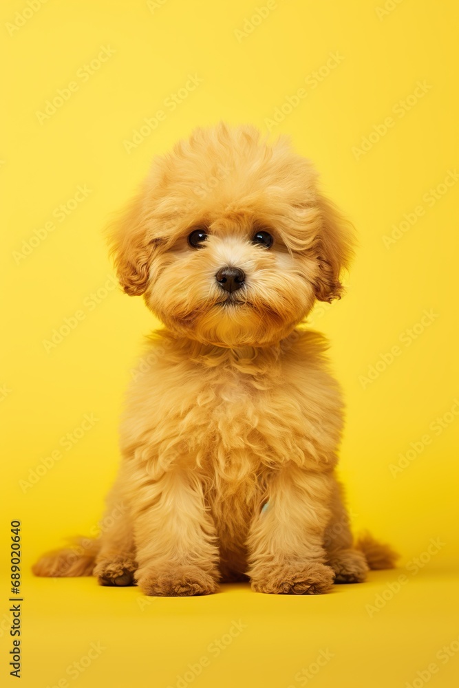 Fluffy cat character sitting adorably, on a bright yellow studio background Fluffy cat character sitting adorably, on a bright yellow studio background