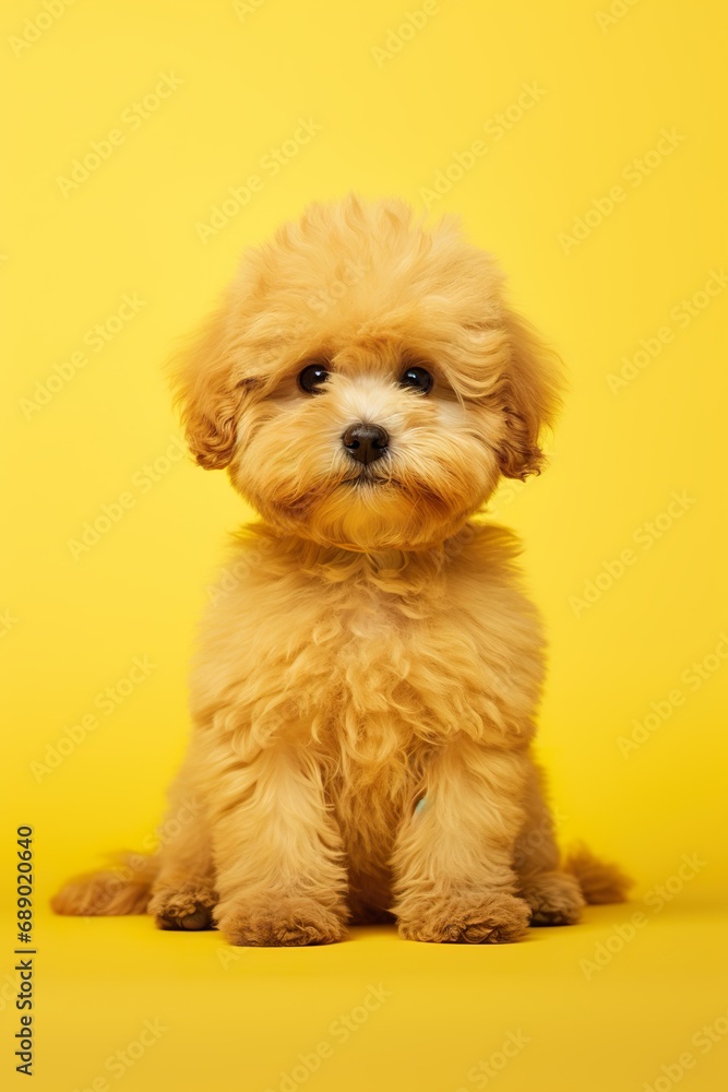 Fluffy cat character sitting adorably, on a bright yellow studio background