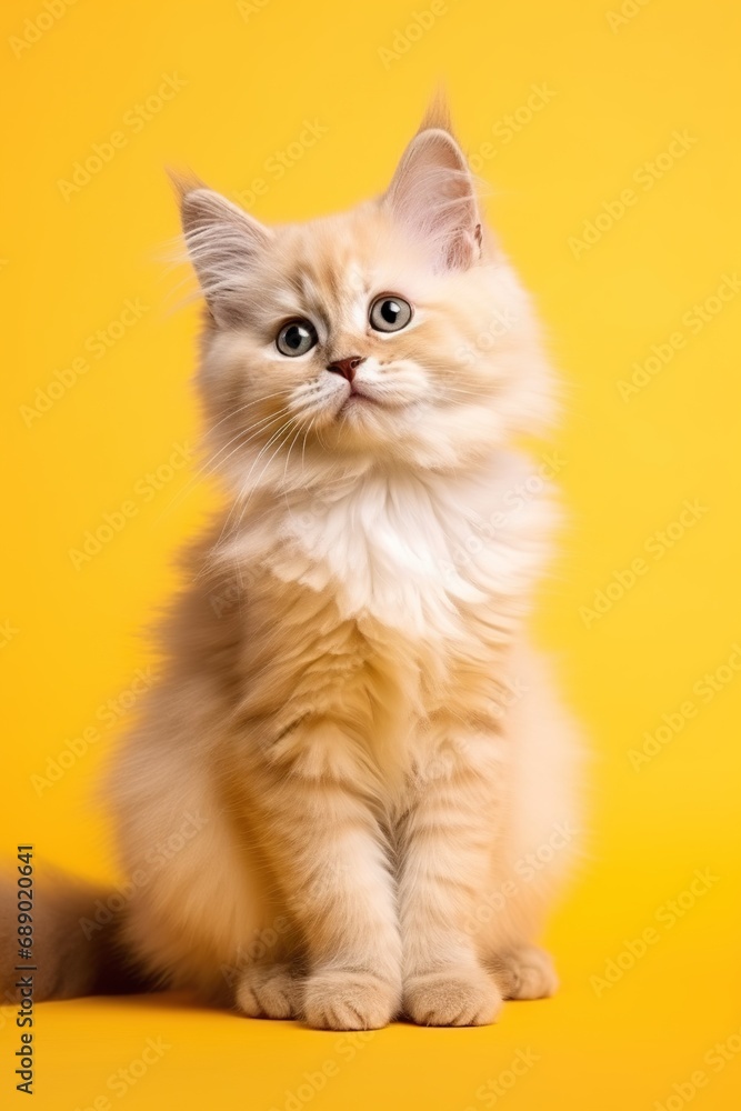 Fluffy cat character sitting adorably, on a bright yellow studio background