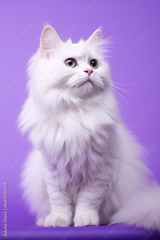Fluffy cat character sitting adorably, with big, expressive eyes on a lavender studio background