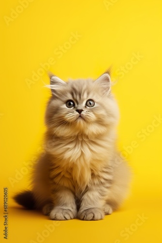 Fluffy cat character sitting adorably, on a bright yellow studio background